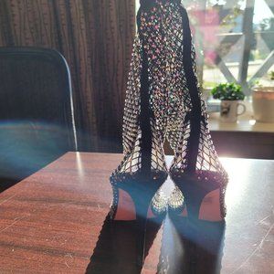 DIAMOND BLACK DIAMANTE FISHNET STILETTO HIGH HEELS